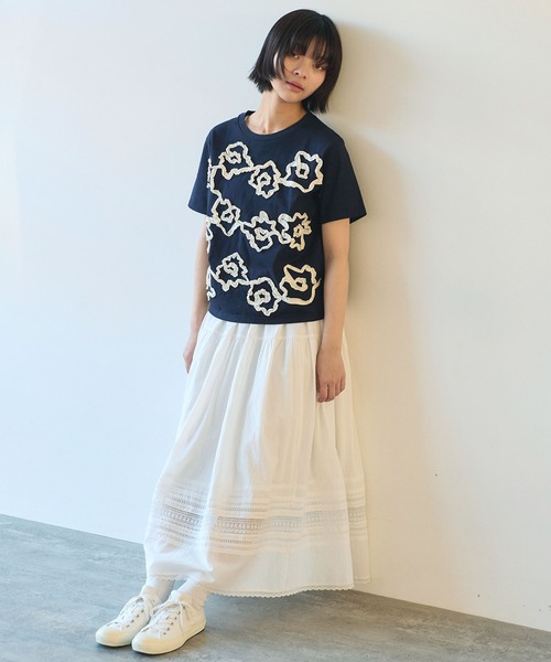 tシャツ くるくるはなテープ刺繍Tシャツ レディース bulle de savon tシャツ くるくるはなテープ刺繍Tシャツ