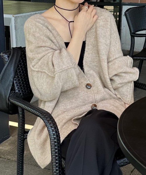 カーディガンベージュももてぃ様 ad thie（アドティエ） カーディガン 片畦編み・Vネック MIXニット