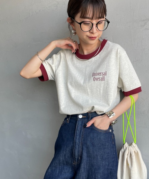 tシャツ 「UNIVERSAL OVERALL/ユニバーサルオーバーオール」 別注 ロゴプリント リンガーTシャツ レディース UNIVERSAL OVERALL tシャツ 「UNIVERSAL OVERALL/ユニバーサル