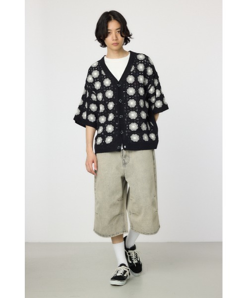 boohoo MAN★半袖 ボタン ニット シャツ カーディガン★クロス柄 接触冷感】幾何柄五分袖ワイドシルエットシャツ(セットアップ可