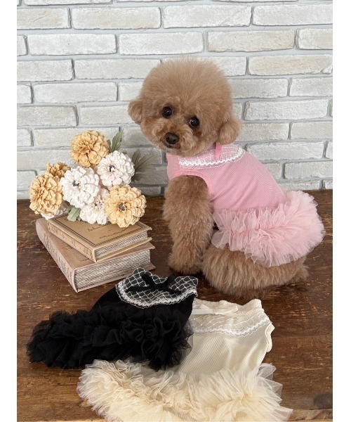 ハンドメイド犬服・シンプルベリー柄・ギャザーたっぷりエレガントワンピース TONE（トネ） 犬 服 minimo/ギャザーレースワンピース/犬服(ドッグ