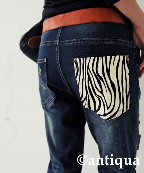 [antiqua] [patterntorso] повреждение обработка Denim брюки X-LARGE оттенок голубого прочее женский 