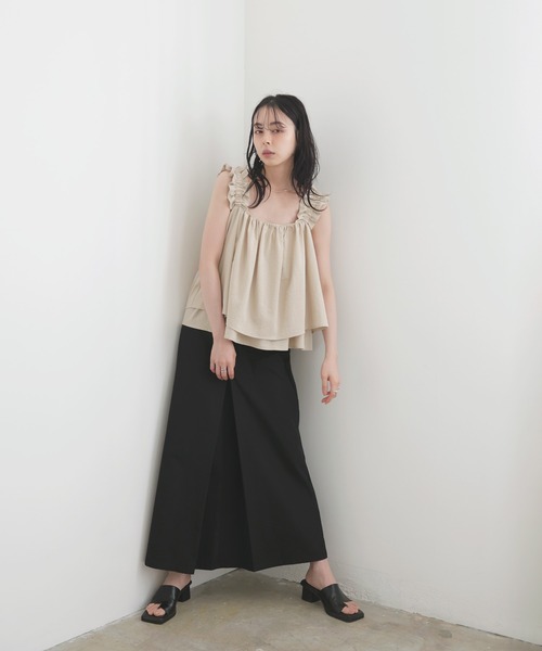 【THEAIRTOWN】フリル キャミソール＆ ラップ スカート SET ラインフラワープリントシアーフレアスカート