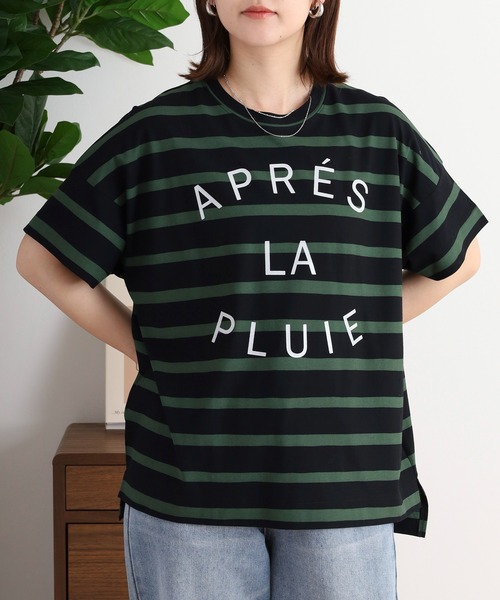 tシャツ BRODIAEA 抜き染めボーダー ロゴプリント半袖Tシャツ「日本製」 レディース