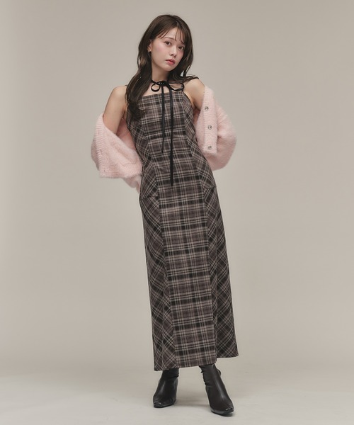 fupel ワンピース Multi-way velour ribbon check cami onepiece