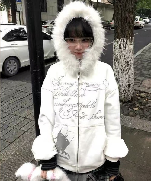 可愛い！！ ヒス　ぬいぐるみ　ジップパーカー Y2K レディース gossip!ロサンゼルス パーカー Y2K 「秋冬新作」ファー付きフード