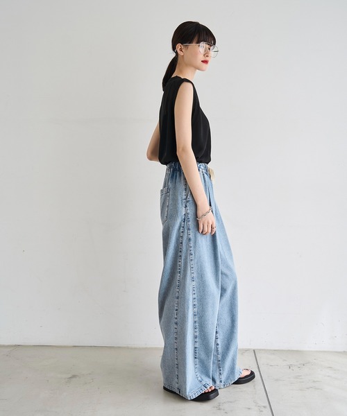 ワイドパンツ ジーンズ デニム デニムパンツ タックイージーデニムパンツ レディースの画像