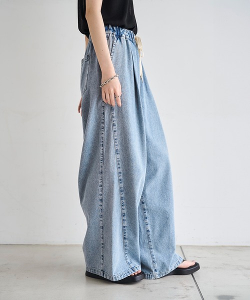 ワイドパンツ ジーンズ デニム デニムパンツ タックイージーデニムパンツ レディースの画像