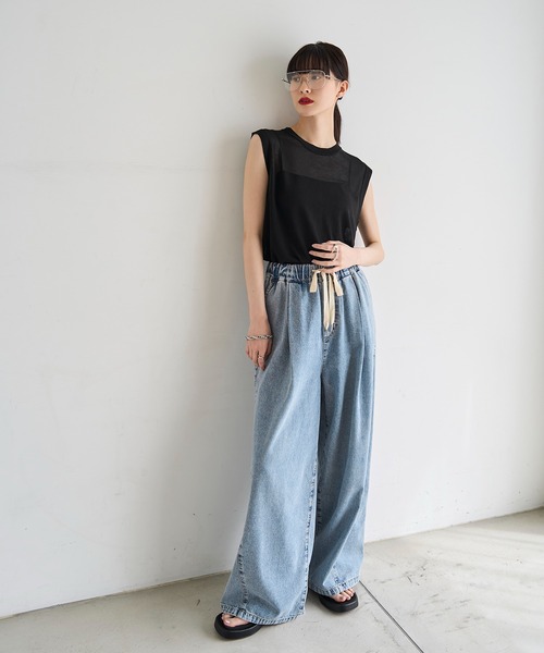 ワイドパンツ ジーンズ デニム デニムパンツ タックイージーデニムパンツ レディースの画像