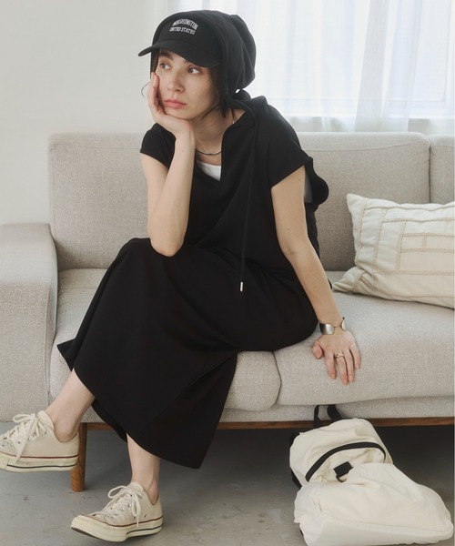 ANGIE ワンピース フード付き ポンチ ノースリーブ ロング ワンピース