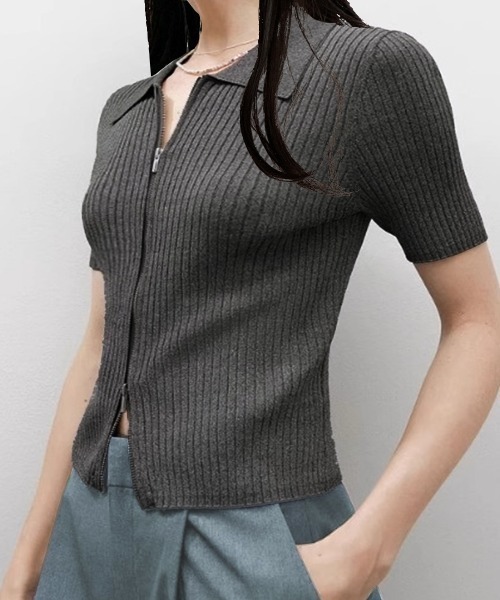 tシャツ ダブルファスナークロップド丈半袖トップス レディース