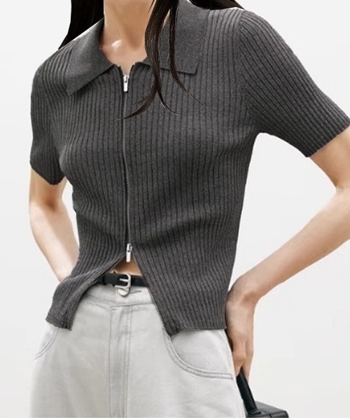 tシャツ ダブルファスナークロップド丈半袖トップス レディース