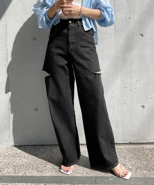 ワイドパンツ ジーンズ デニム デニムパンツ ダメージワイドデニム