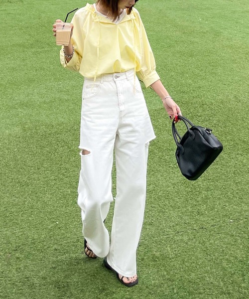ジーンズ デニム デニムパンツ ダメージワイドデニムパンツ レディース