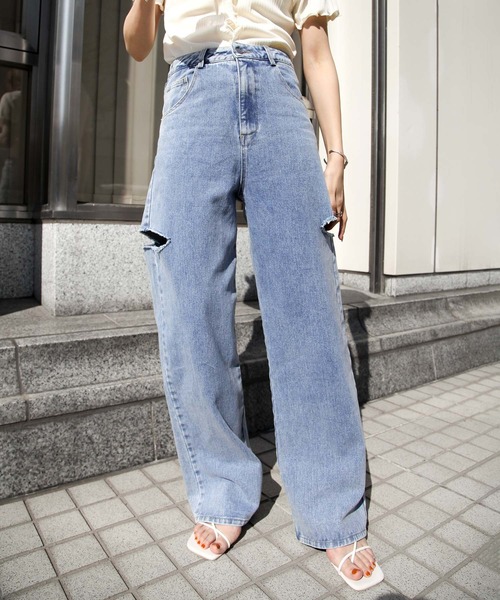 ダメージデニムとロゴトップセット♡ ジーンズ デニム デニムパンツ ダメージワイドデニムパンツ