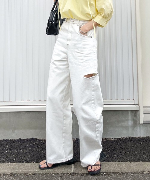ワイドデニムパンツ ダメージペインティングデニム  S/M/L/XL ジーンズ デニム デニムパンツ ダメージワイドデニムパンツ