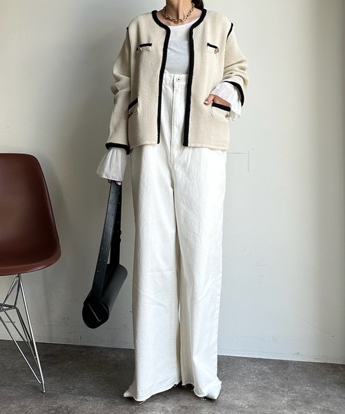 DouDou ジャケット ノーカラージャケット パイピングニット