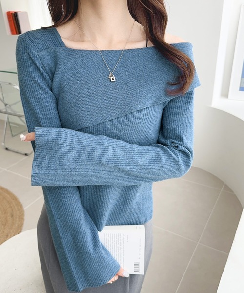 【ランデブー】美品　モデル着用　オフショルダーリブニットグレー　フリーサイズ mily bilet ニット セーター 「mily bilet」トレンド美スタイル