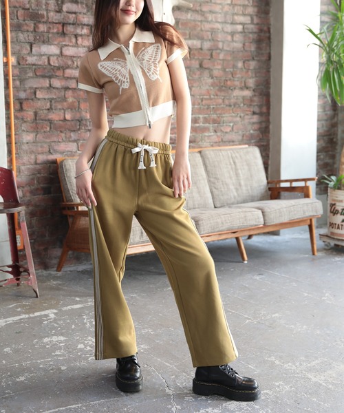 スウェットパンツ ワイドレッグ サイドライン スポーティ ルーズ スウェットパンツ ジャージ 「HOOK」for girls サイドライン