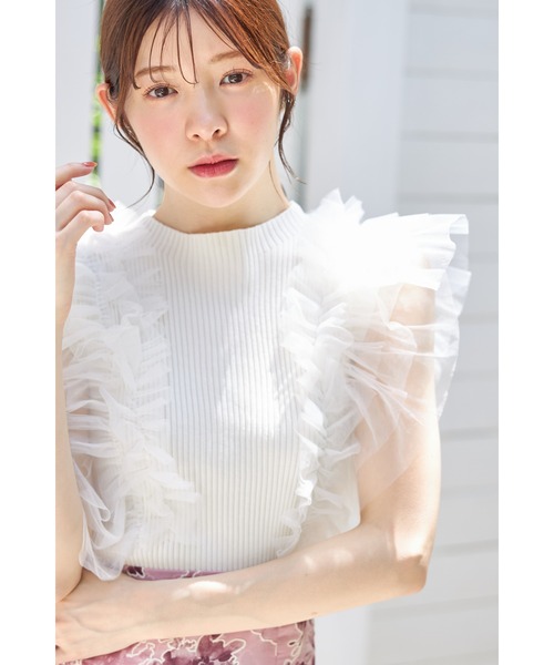 tocco closet tシャツ チュールフリル付きリブニットプル