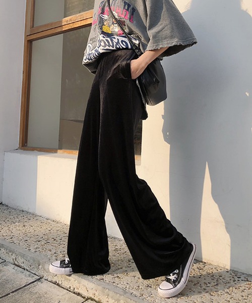 IRADOWL パンツ ベロア素材ブラックカラーロングパンツ