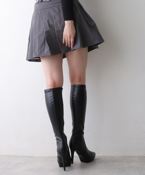 ブラックレザー ロングブーツ ポインテッドトゥ Lace Ladies（レースレディース） ブーツ ダブルベルト カバー ポイン