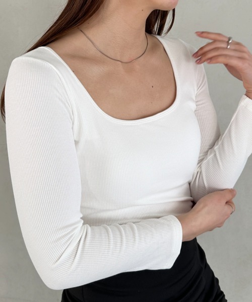 tシャツ 「カップ付き」BRA TOP BACK OPEN LS TEE レディース tシャツ カップ付きオープンネックトップス レディース
