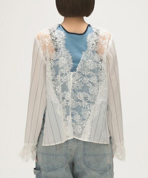 美品LL SLANDRE ストライプ ハイネック 半袖シャツ 美品LL SLANDRE ストライプ ハイネック 半袖シャツ