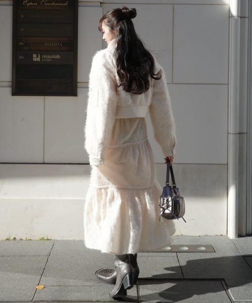 アイボリーフレアスカートと帽子セット 総針 ニット フレアスカート ( セットアップ 可）