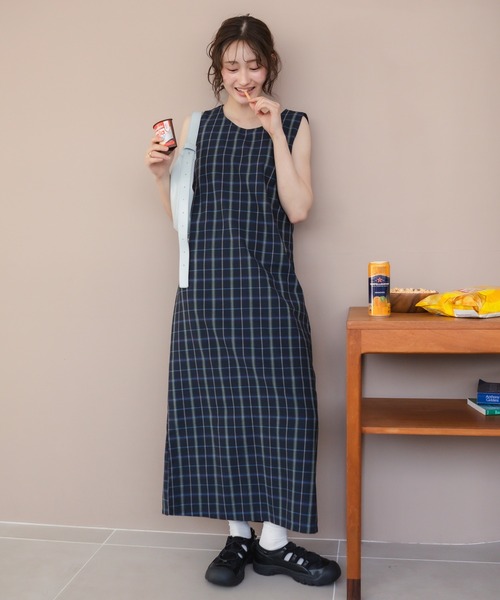 HEILIS ワンピース チェック柄ロングワンピース/ネイビー 韓国