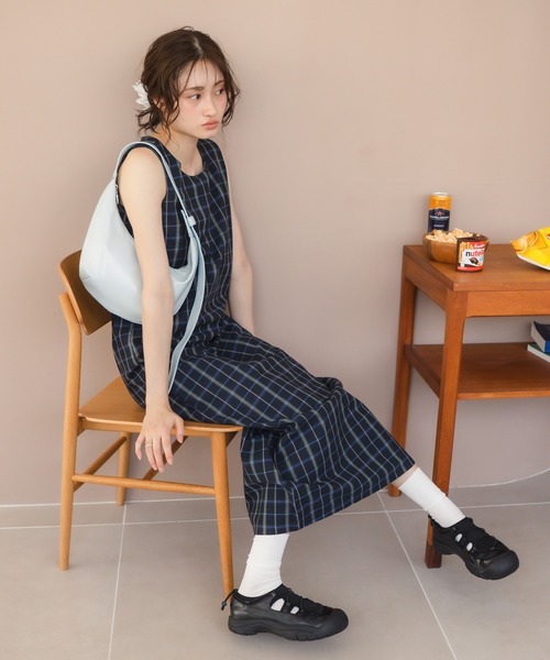 HEILIS ワンピース チェック柄ロングワンピース/ネイビー 韓国