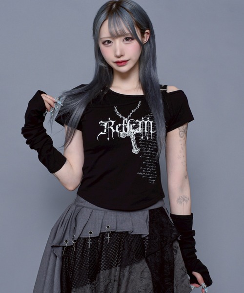 tシャツ 「REFLEM/レフレム」アームカバー付きクロップドTシャツ/ハーフスリーブカットソー レディース