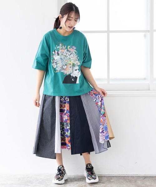 ☆スカラー　152602：花柄スカラーちゃん×異素材MIXストライプスカート ScoLar スカート 152602：花柄スカラーちゃん×異素材MIX