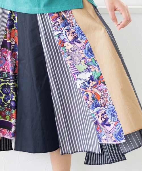 ☆スカラー　152602：花柄スカラーちゃん×異素材MIXストライプスカート ScoLar スカート 152602：花柄スカラーちゃん×異素材MIX