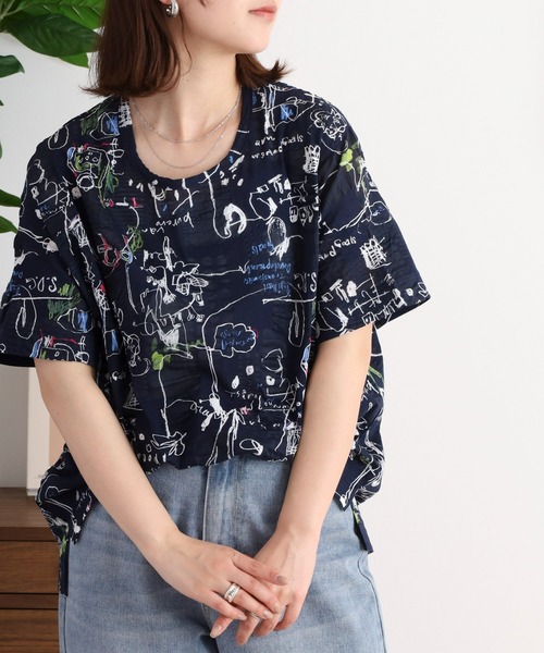 tシャツ BRODIAEA リップル加工総柄半袖プルオーバー「日本製」 レディース