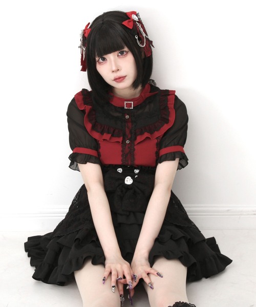 DearMyLove ブラウス シャツ 夏 半袖 チョーカー風クロスレース