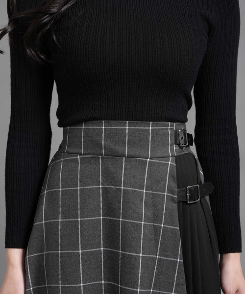Nohea ロング スカート ウインドウチェック車ひだプリーツ切替ラップ風