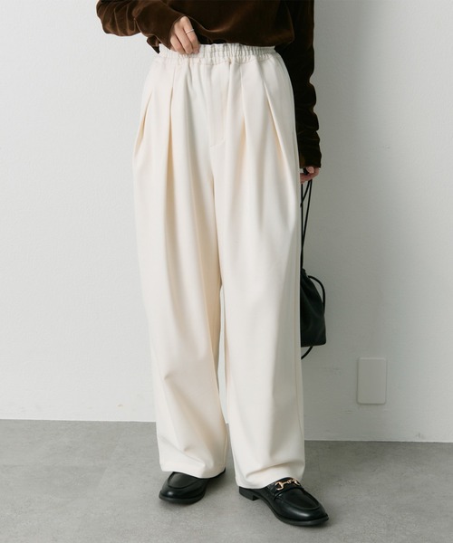 シルク混 タックイージーパンツ ウエストゴム Tuche グンゼ ワイドパンツ レディース きれいめ 黒 スラックス 春 夏