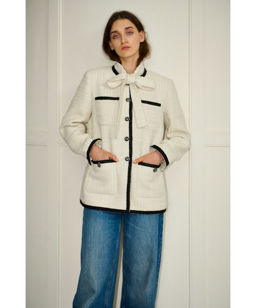 ジャケット ノーカラージャケット Ivanna Tweed Bow Jacket タイ取り外しツィードJK レディースの画像