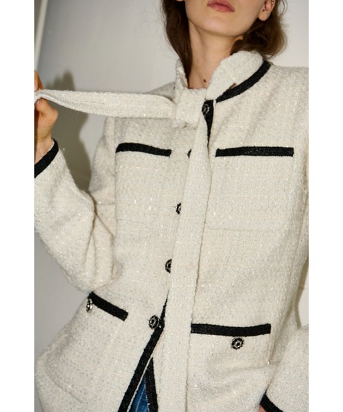 ジャケット ノーカラージャケット Ivanna Tweed Bow Jacket タイ取り外しツィードJK レディースの画像