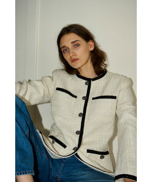 ジャケット ノーカラージャケット Ivanna Tweed Bow Jacket タイ取り外しツィードJK レディースの画像