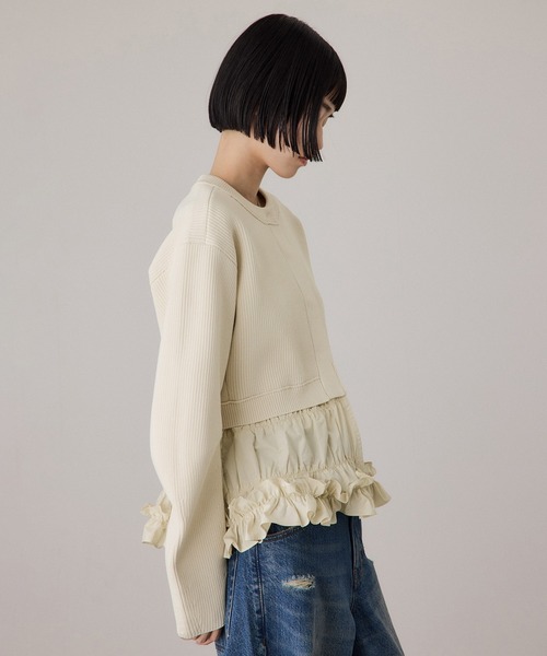 ADAM ET ROPÉ FEMME ギャザーフリルコンビカーディガン ADAM ET ROPE'（アダムエロペ） カーディガン 「サステナブル
