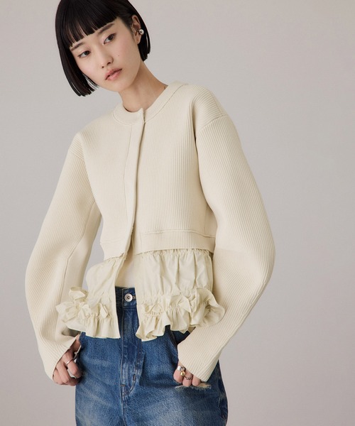 ADAM ET ROPÉ FEMME ギャザーフリルコンビカーディガン ADAM ET ROPE'（アダムエロペ） カーディガン 「サステナブル