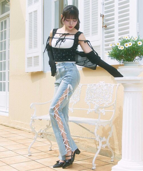 Belle Charme リボン タンクトップ　rienda ニットトップス Belle Charme タンクトップ ノースリーブ 「Belle Charme」Double