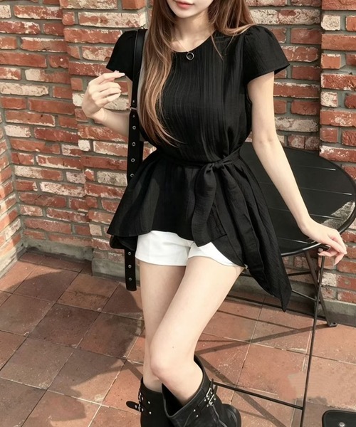 meJane（ミージェーン） tシャツ 半袖 シアーウエストリボン ペプラム