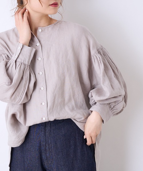 【祝開店！大放出セール開催中】 cin ce pual シャツ 麻／リネンキャンバスノーカラー ブラウス トップス