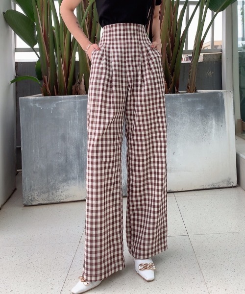 Diosfront パンツ ハイウエストギンガムチェックセミワイドパンツ  