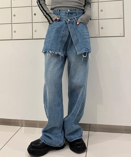 ✨美品✨ミカーレミカーレ デニム ワイド パンツ レース スカート 刺繍 異素材 レースライナーアシメデニムスカート』（デニムスカート）｜somari