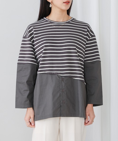 Bou Jeloud tシャツ ボーダー斜め切替ドッキングトップス