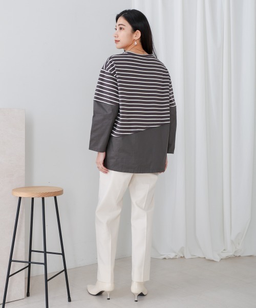 tシャツ ドッキングワイドボーダートップス レディース OTONA Tシャツ トップス レディース ブラック ホワイト ボーダー
